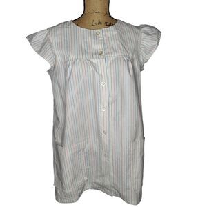 Vintage 70s 80s Pastel Striped Smocked Ruffle Sleeve Apron Top